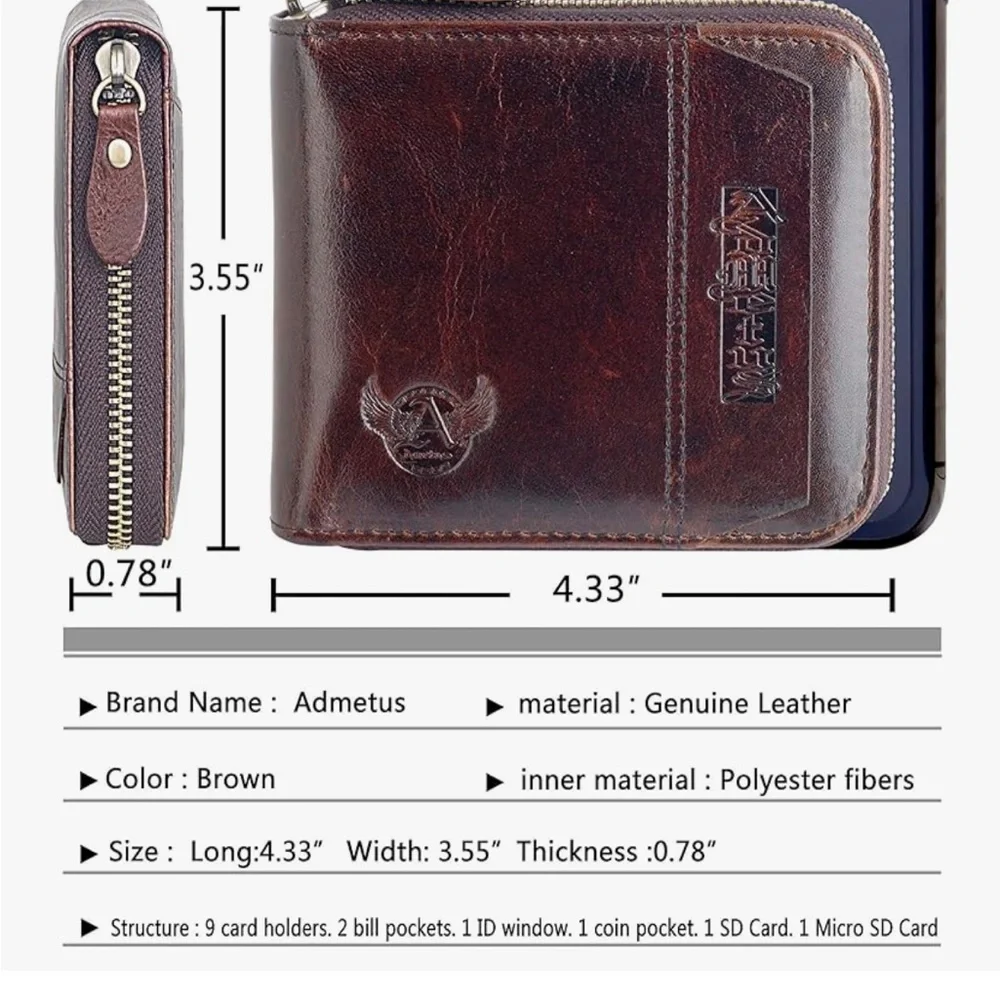 Ad Metus genuine leather RFID blocking bifold zip around men’s wallet dust bag